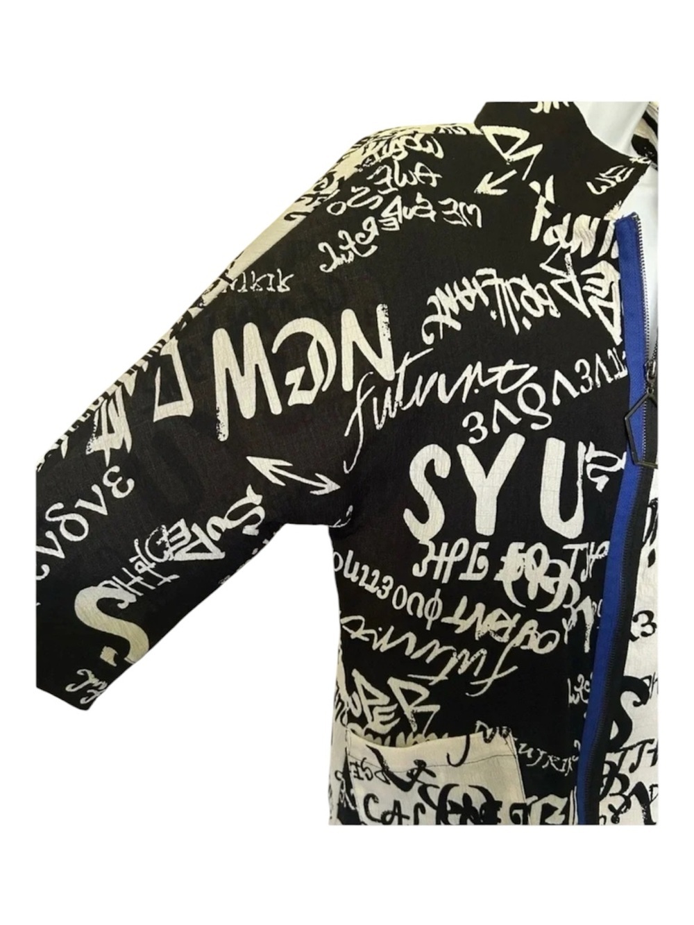 IC Connie K black white typography print front zip jacket 3/4 sleeves S - Picture 5 of 12